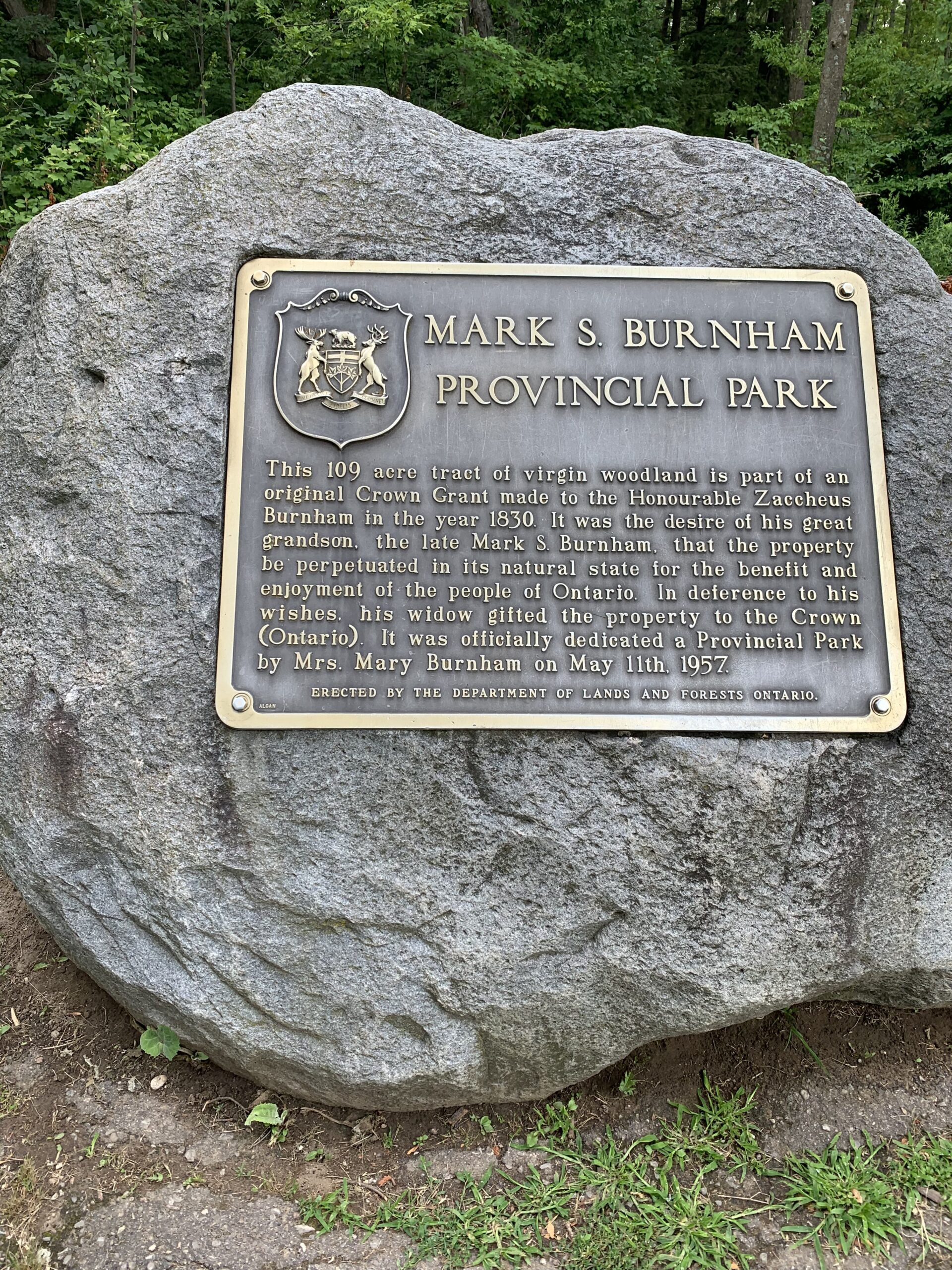 Mark S. Burham Provincial Park - plaque
